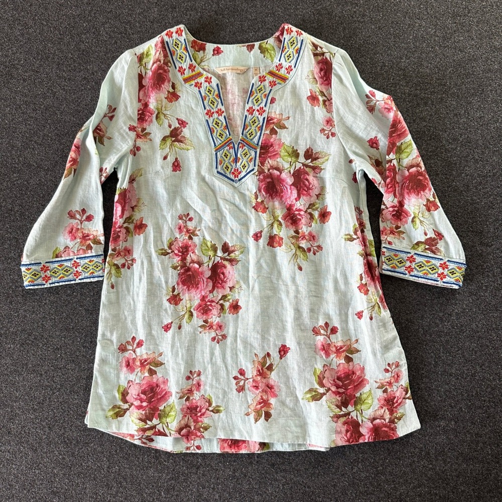 Soft Surroundings Linen Tunic Top XS Blue Floral Embroidered Cottage Core